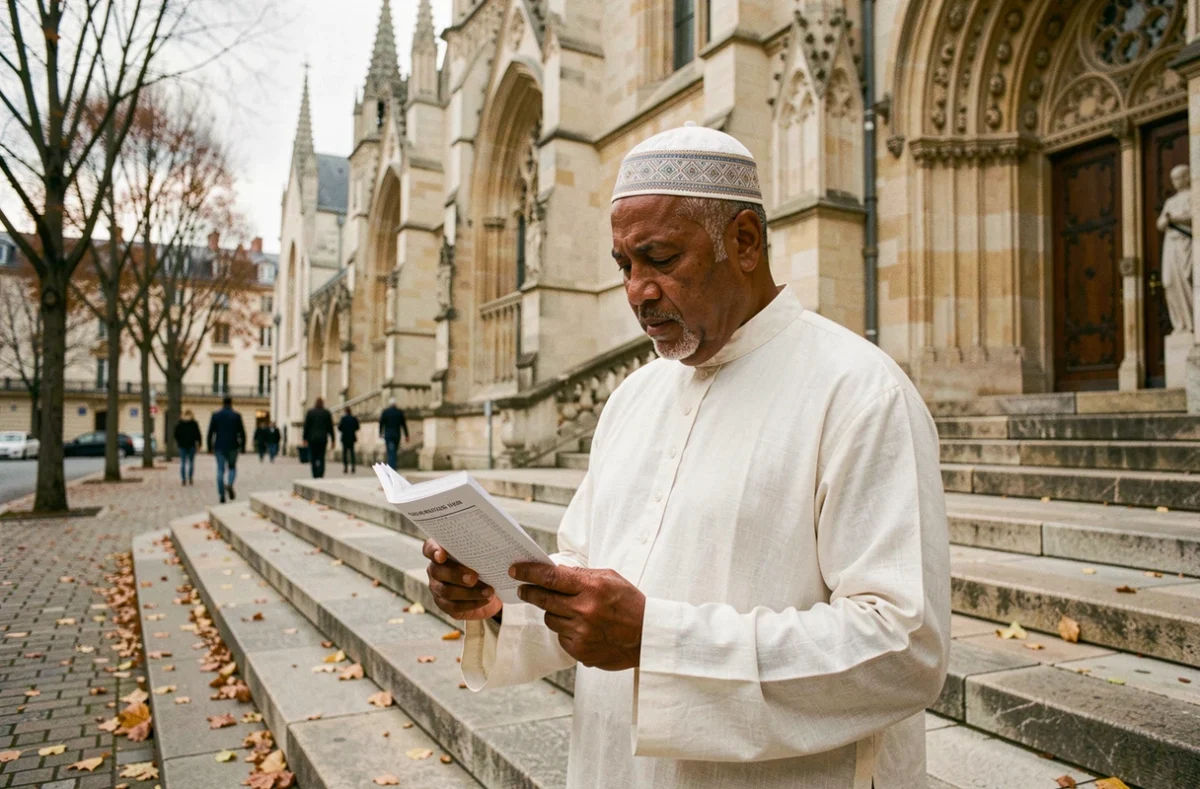 Homme consultant les horaires de prière islamique devant une cathédrale à Reims en automne