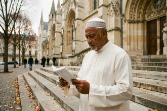 Homme consultant les horaires de prière islamique devant une cathédrale à Reims en automne