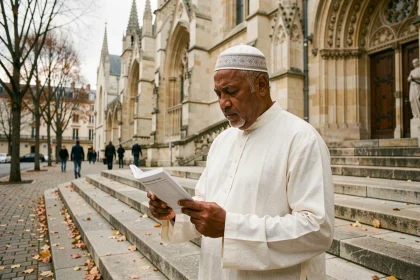 Homme consultant les horaires de prière islamique devant une cathédrale à Reims en automne