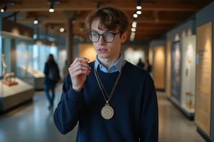 Historien examinant un collier souvenir Wegvisir dans un musée