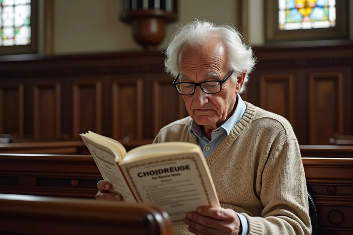 Homme âgé étudiant un livre de mots croises religieux