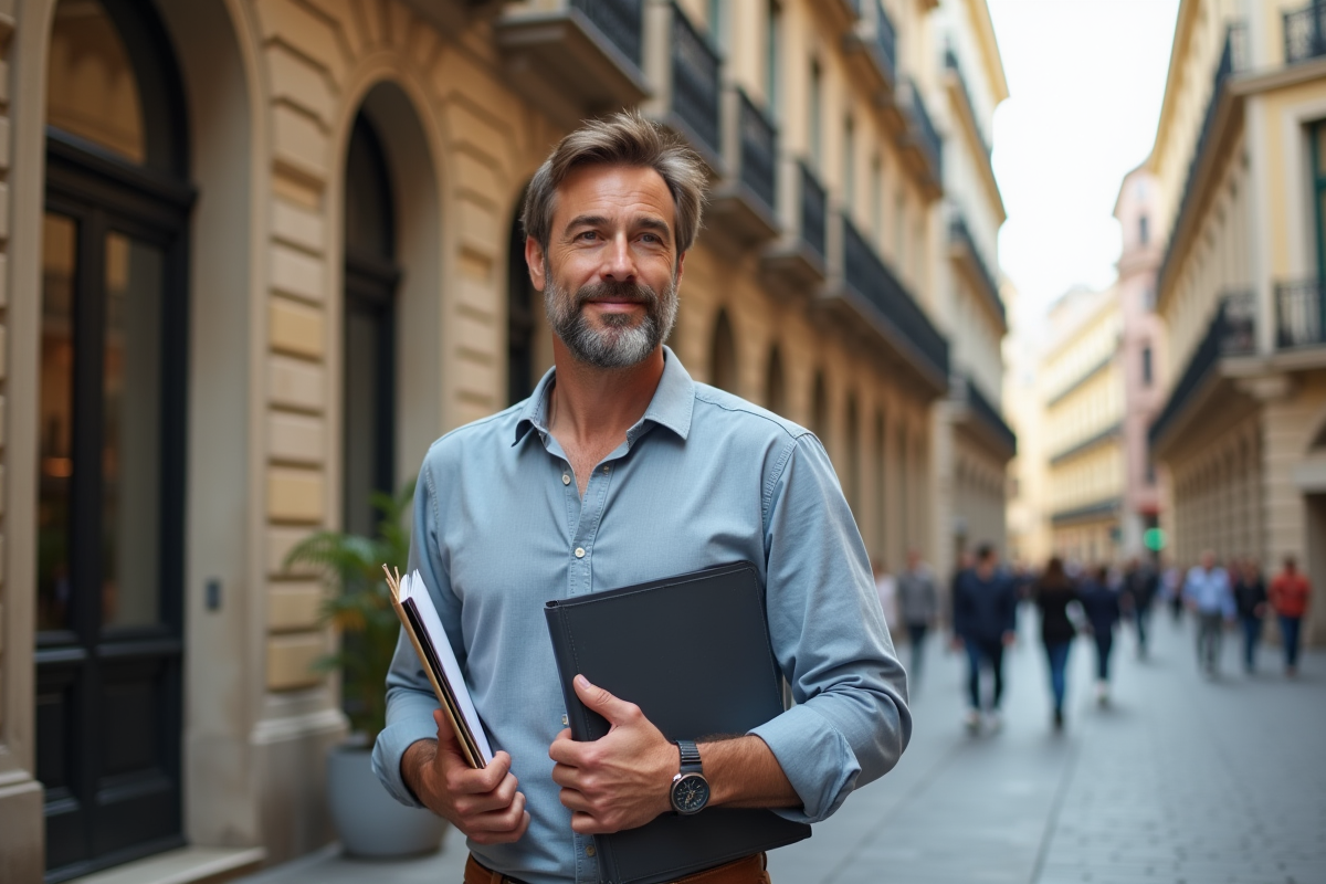 Homme devant un bâtiment historique européen en extérieur