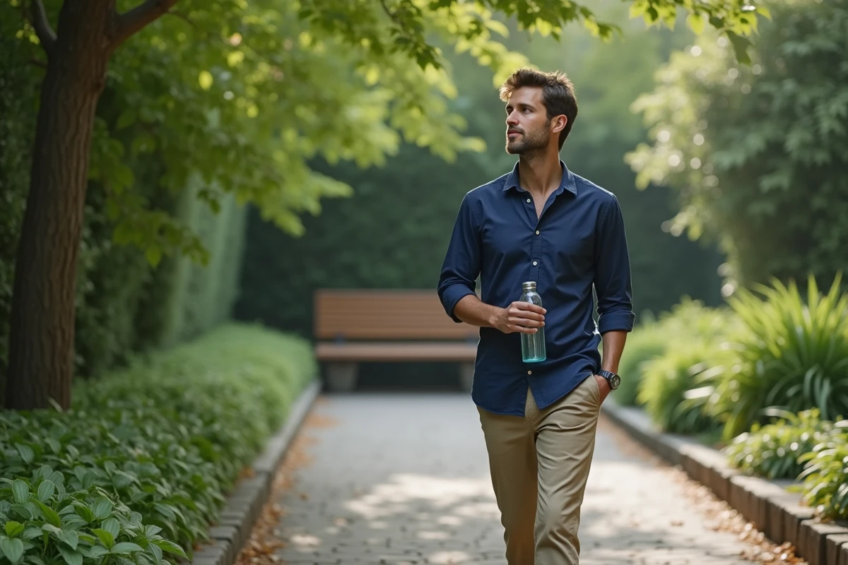 Jeune homme marchant dans un jardin paisible