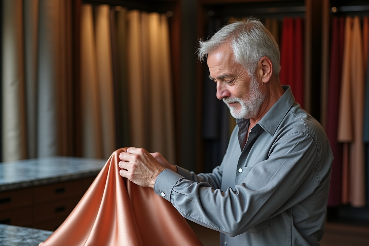 Homme évaluant un satin brillant dans une boutique textile