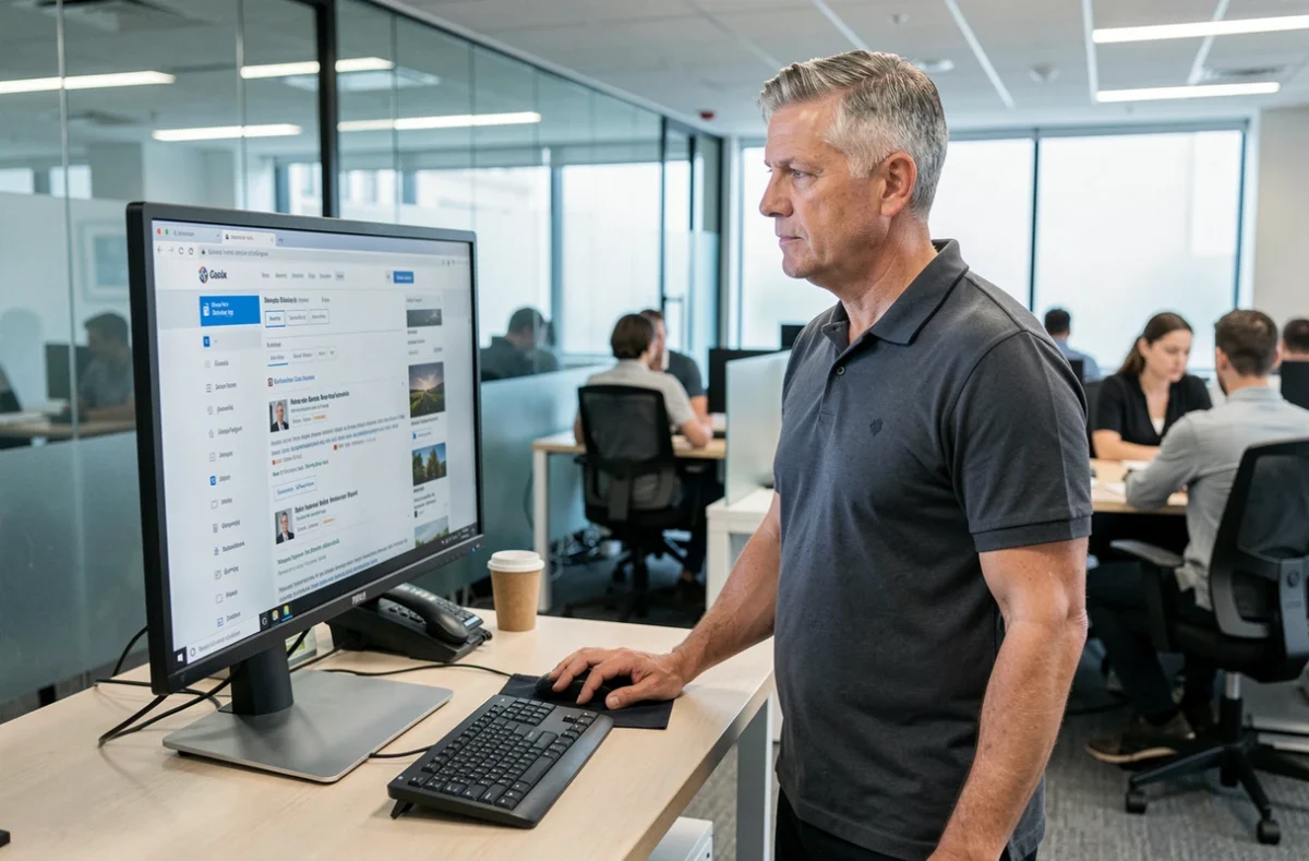 Homme consultant les résultats de recherche d'un site sur un écran d'ordinateur dans un bureau professionnel