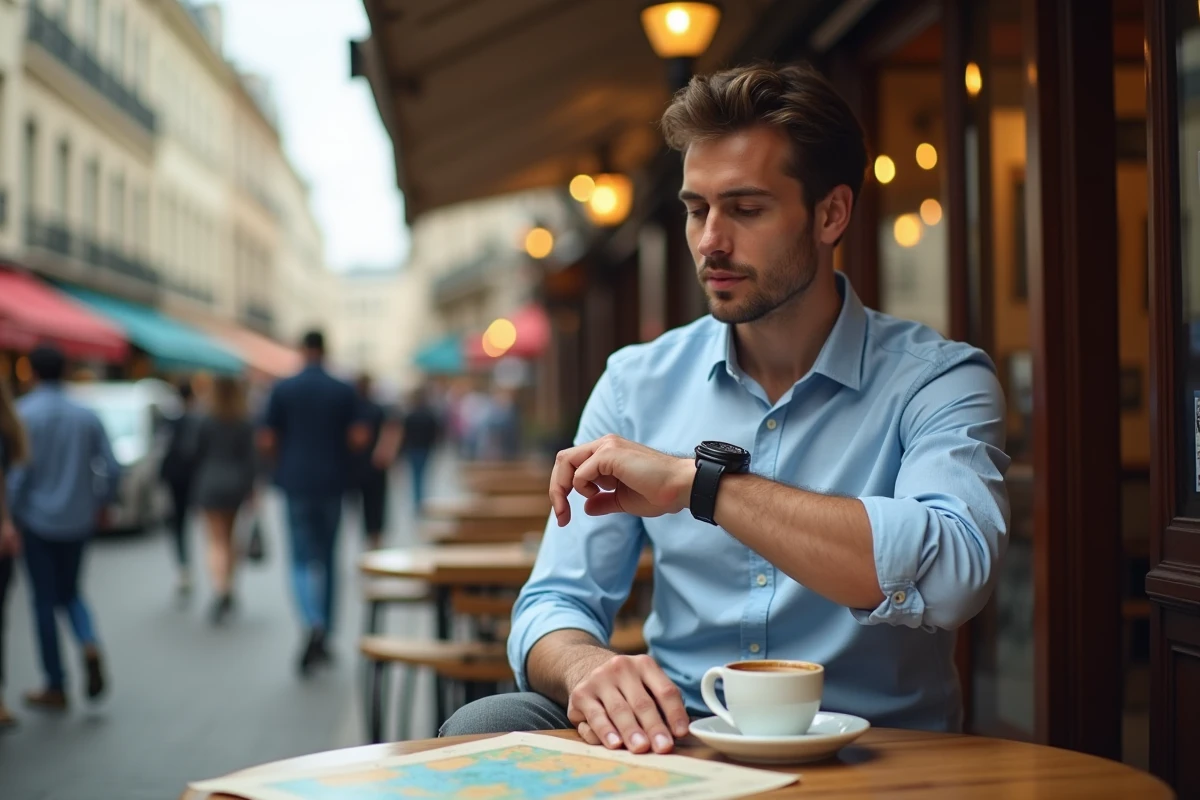 Homme expatrié vérifiant sa montre dans un café parisien animé