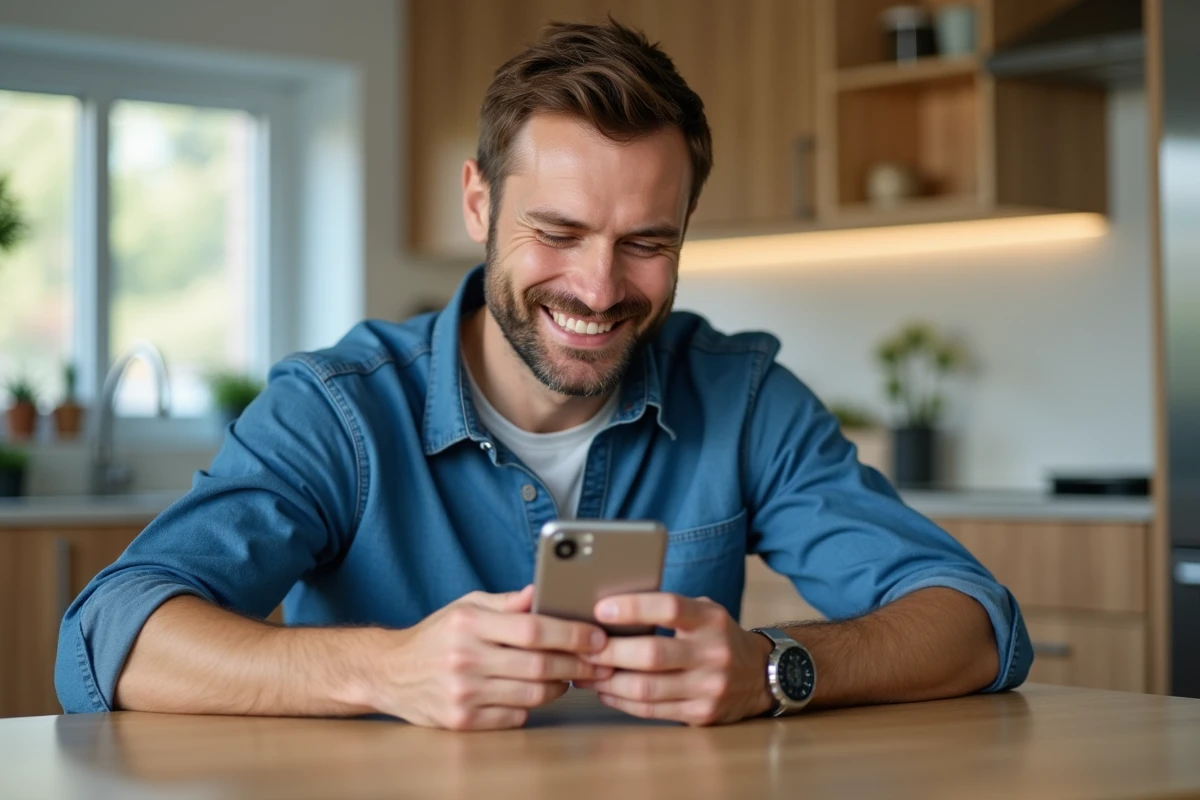 Homme d'âge moyen configure sa messagerie sur son smartphone dans la cuisine