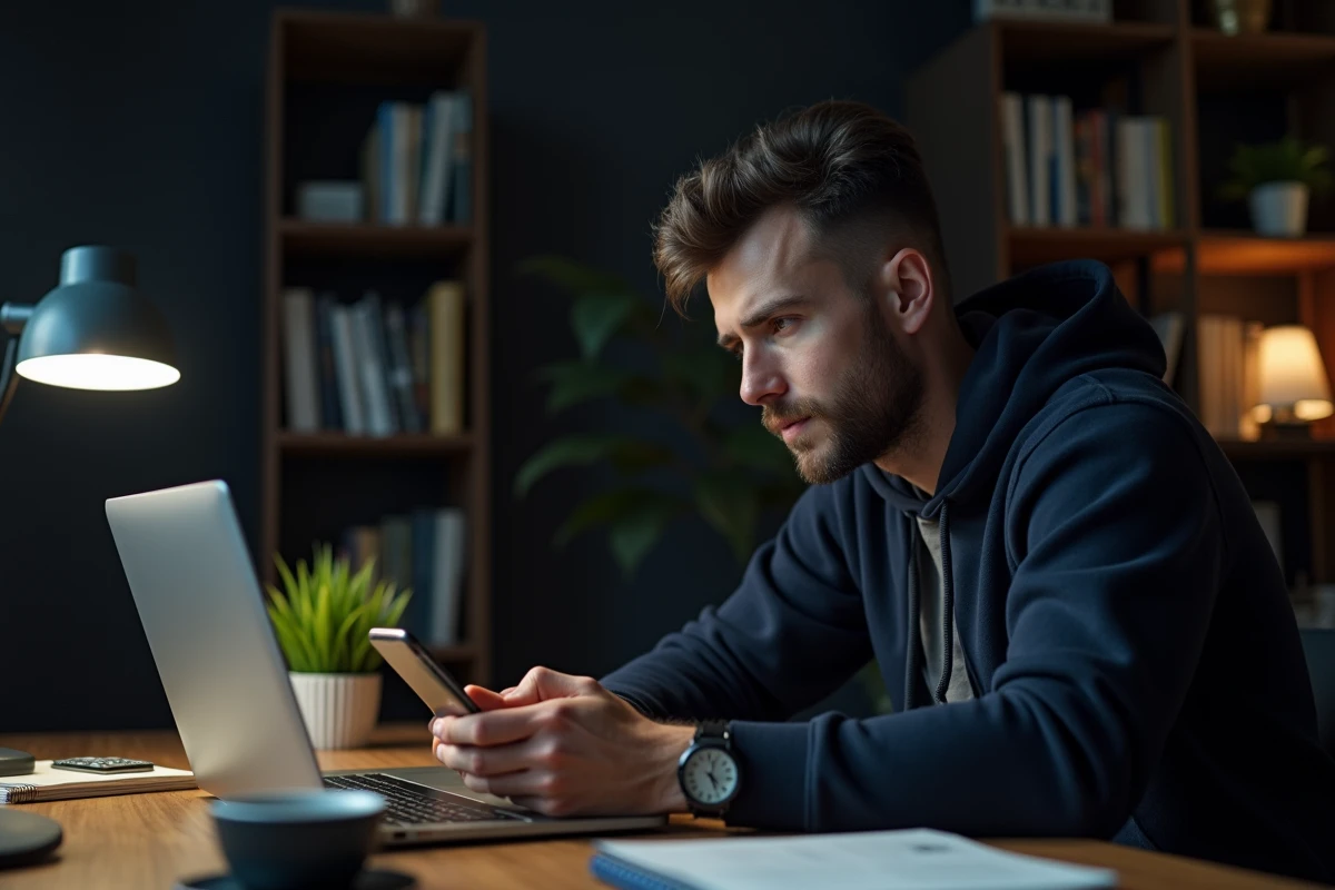 Homme consultant discrètement son smartphone pour visionner une story Instagram sans être vu
