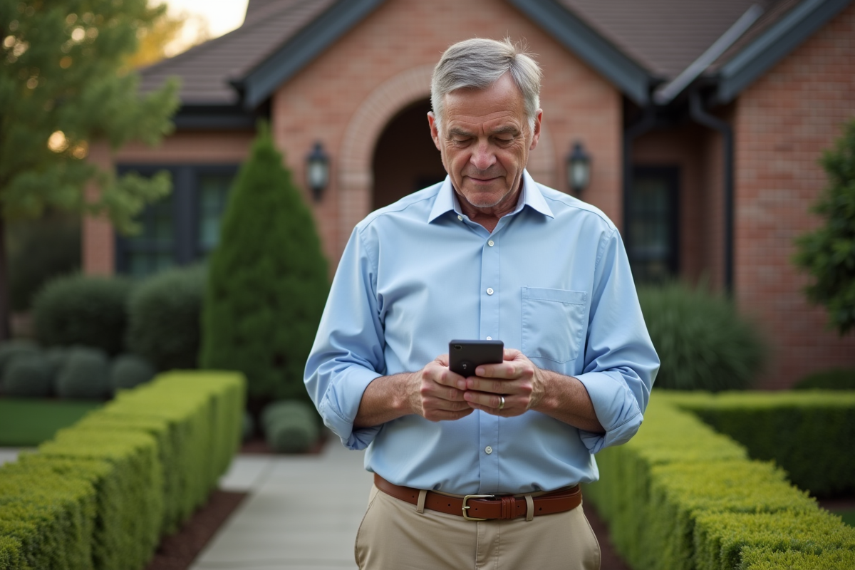 Homme utilisant son smartphone devant une maison de banlieue