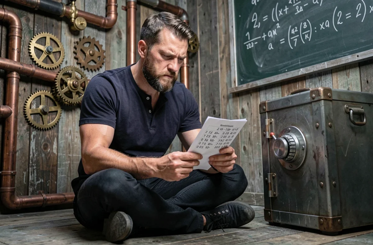 Homme assis par terre dans un escape room steampunk, réfléchissant devant un coffre avec cadenas à combinaison