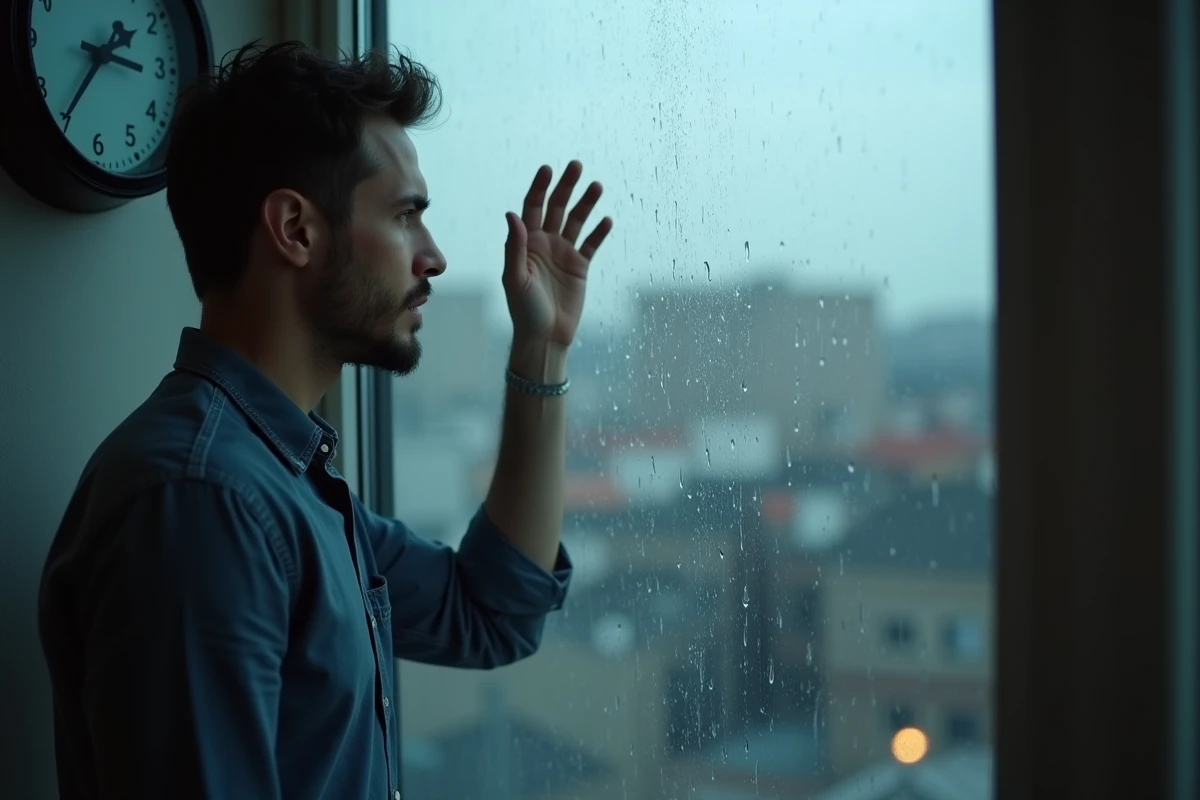 Homme contemplatif près d'une fenêtre sous la pluie avec une horloge affichant 10h10, symbolisant l'attente et la séparation de la flamme jumelle