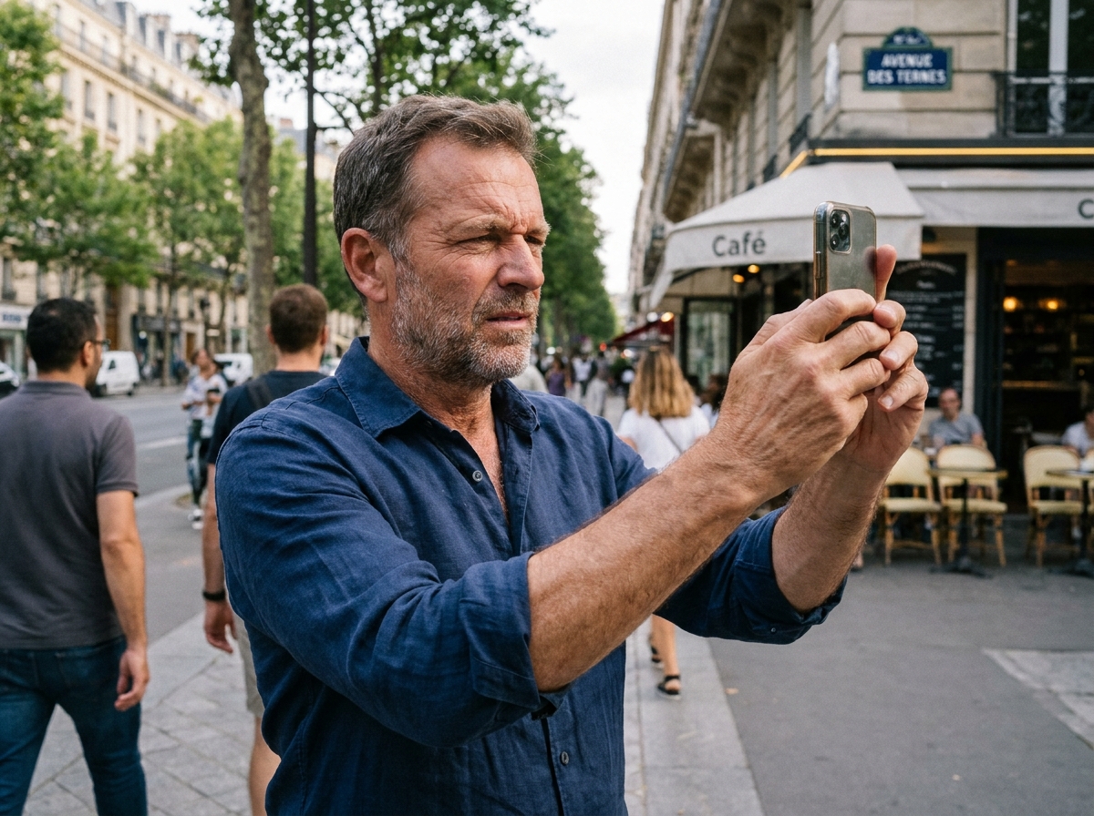 Homme d'âge mûr tenant son téléphone à bout de bras pour lire, signe typique d'hypermétropie ou presbytie en milieu urbain