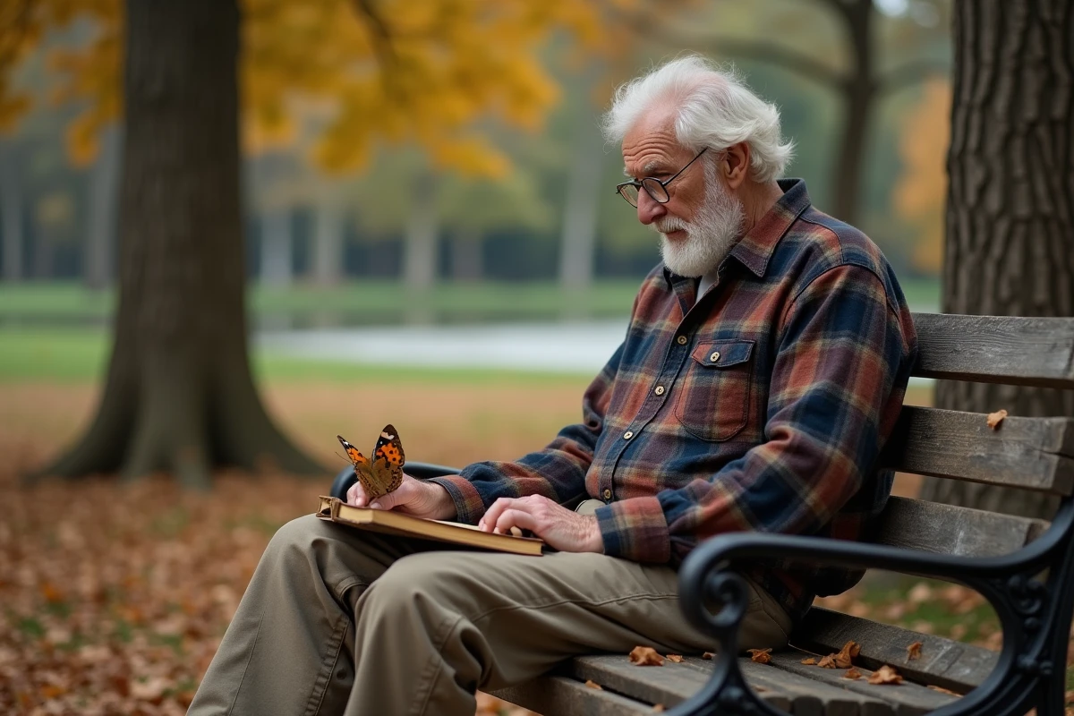 Homme âgé contemplant un papillon dans un parc tranquille