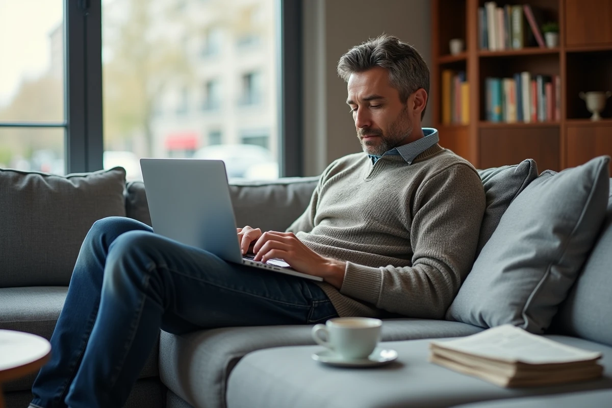 Homme relaxant avec ordinateur dans le salon