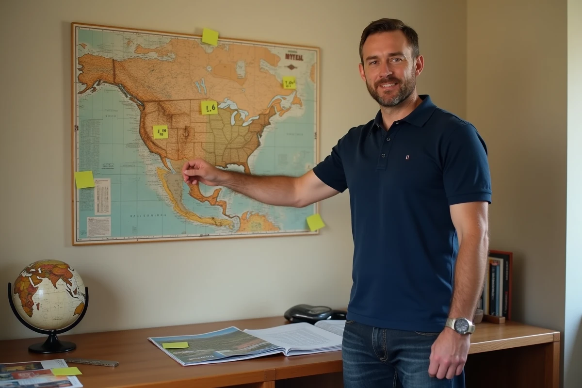 Homme pointant une note de conversion miles kilomètres sur un tableau de liège dans un bureau