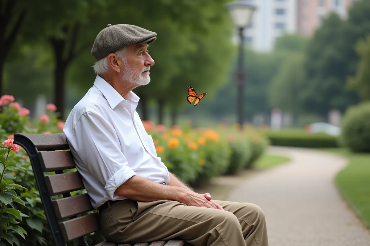 Homme âgé sur un banc de parc avec papillon sur la manche