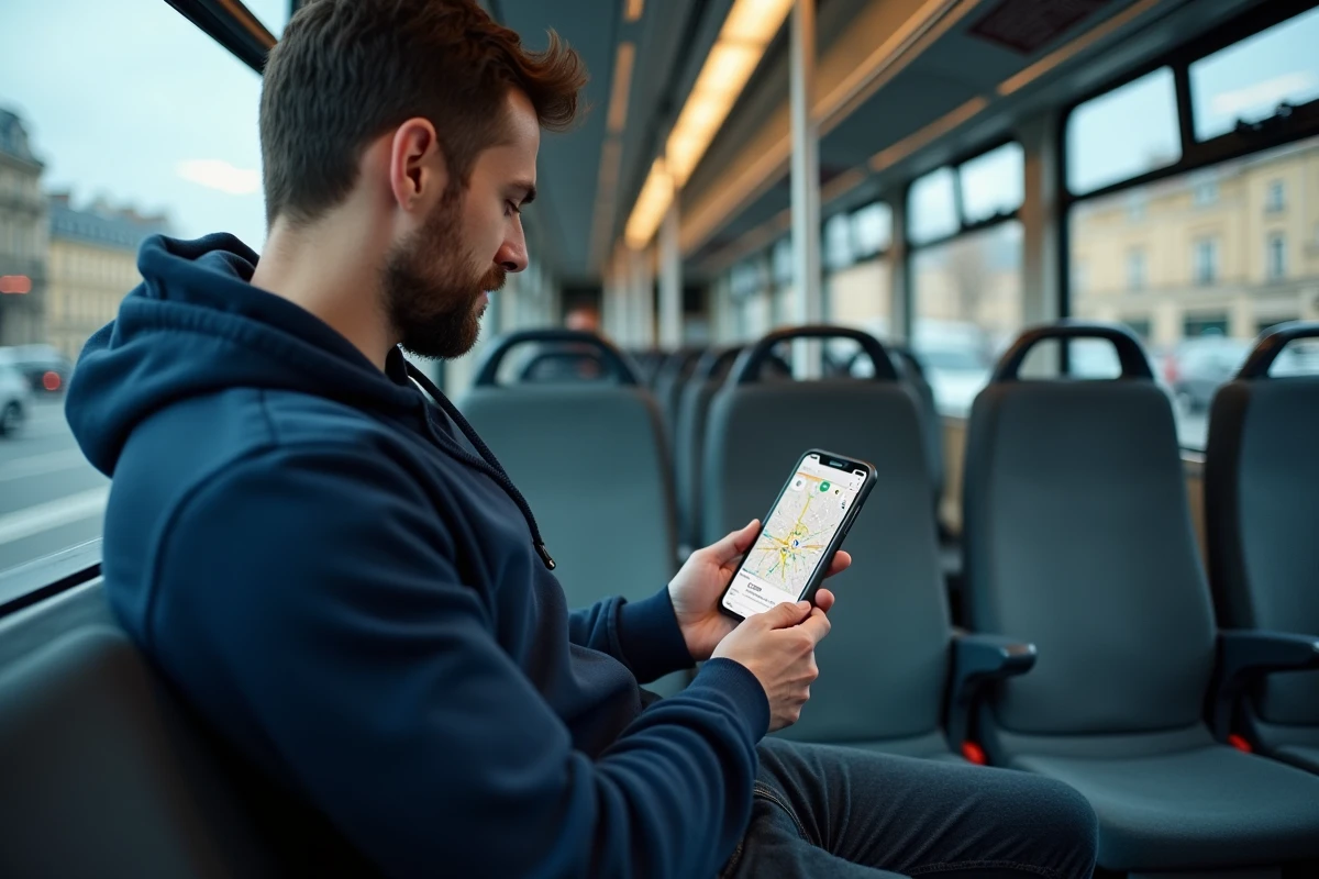 Homme consultant le plan du tram de Bordeaux sur smartphone à l'intérieur d'une rame de tramway
