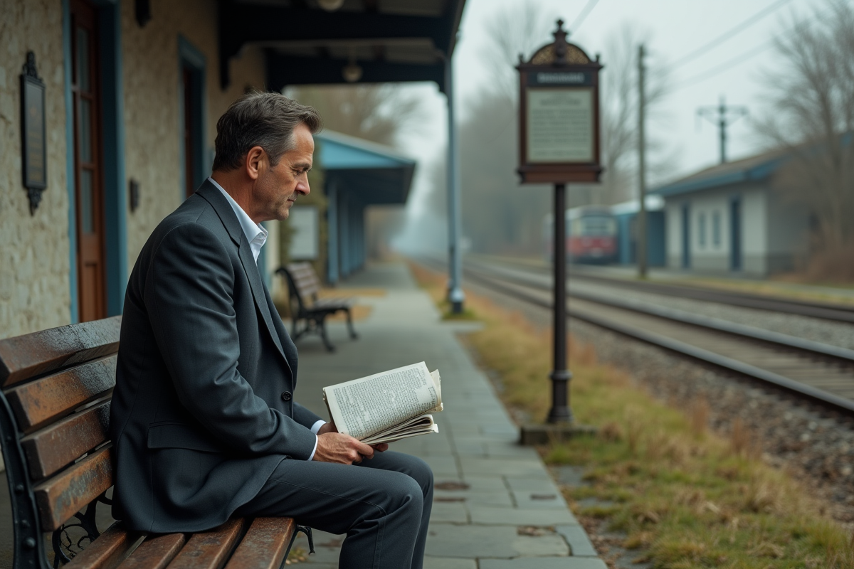 Homme assis regardant une plaque commémorative ferroviaire