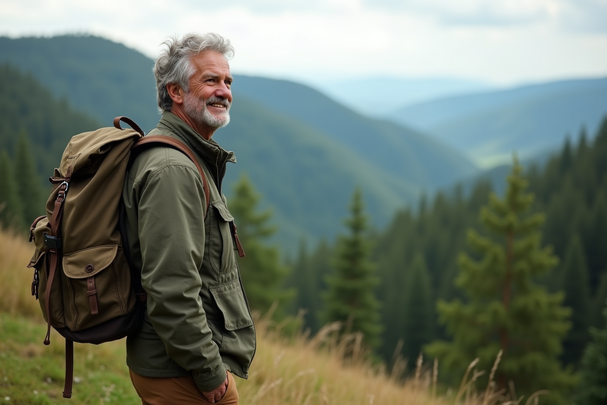 Homme en randonnée contemplant la vallée verte