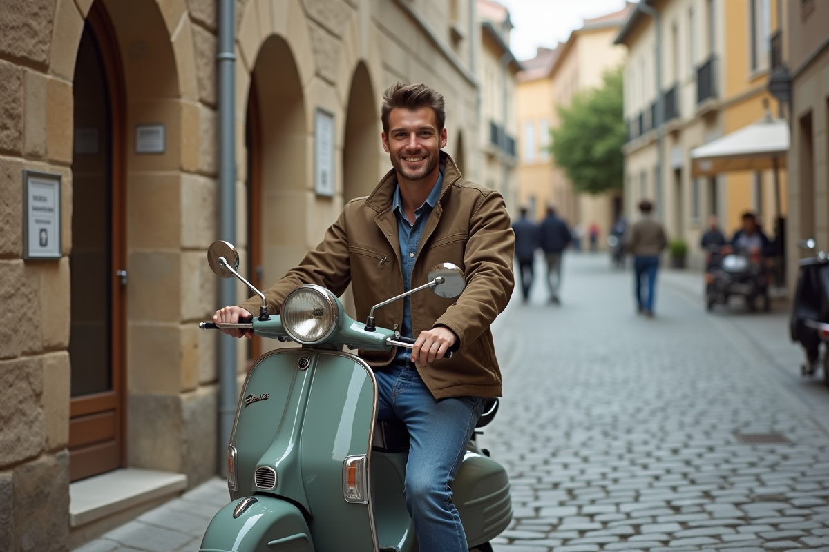 Homme souriant sur scooter vintage dans un village français