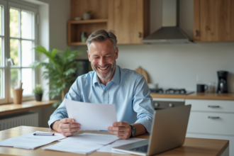 Homme d'âge moyen souriant dans une cuisine moderne
