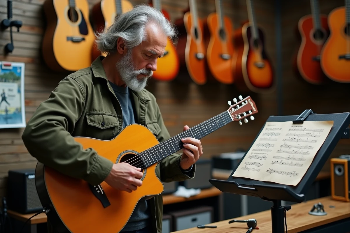 Homme étudiant une tablature de guitare dans une boutique de musique avec des guitares acoustiques accrochées au mur