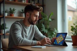 Homme concentré sur une tablette avec jeu de société