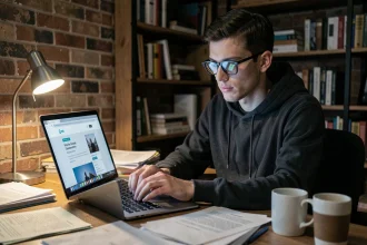 Jeune homme consultant un site de téléchargement sur son ordinateur portable dans un bureau à domicile