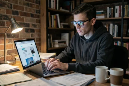 Jeune homme consultant un site de téléchargement sur son ordinateur portable dans un bureau à domicile