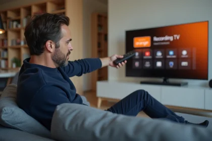 Homme utilisant la télécommande Orange TV pour accéder au menu d'enregistrement sur un écran plat dans un salon moderne