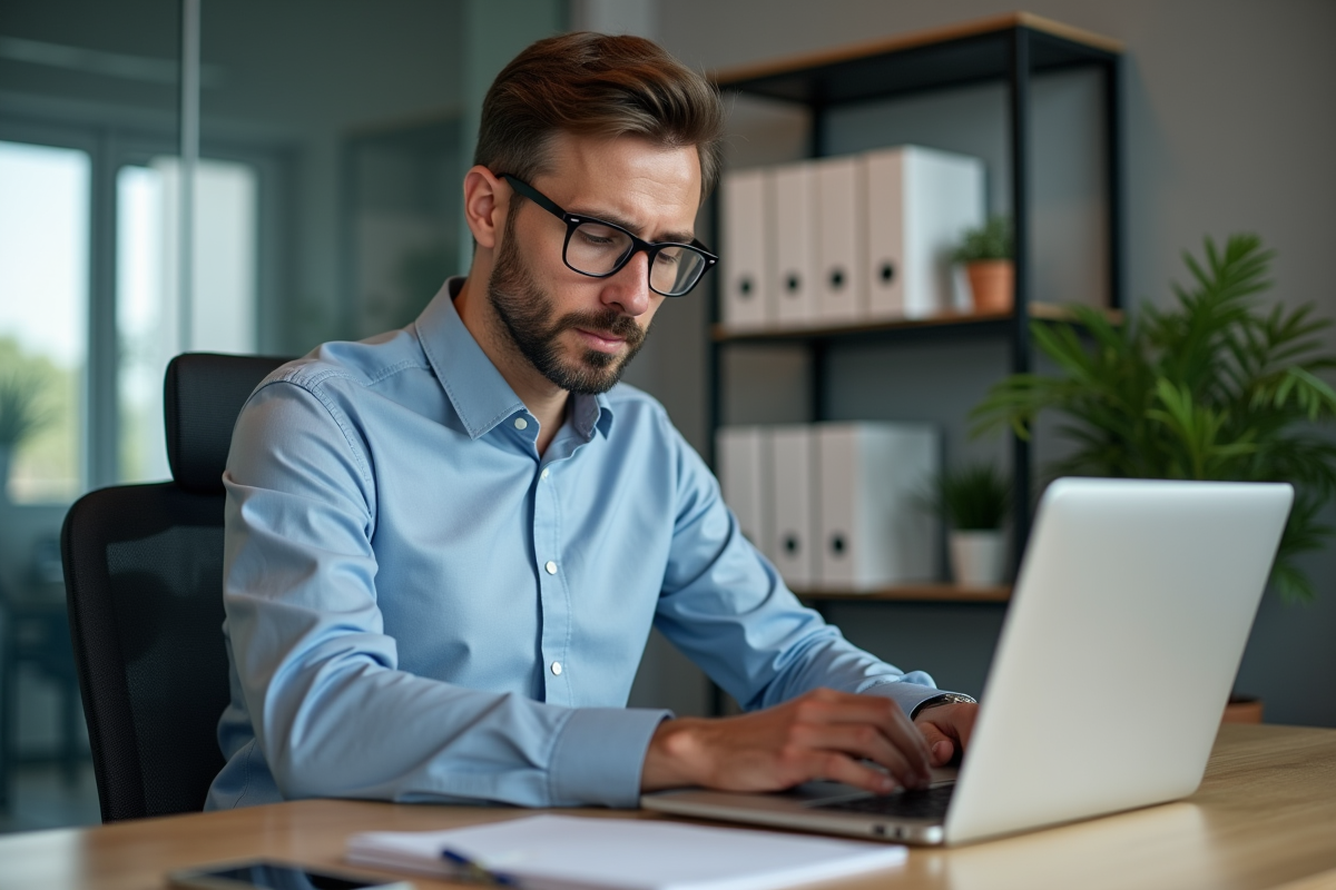 Homme concentré travaillant sur son ordinateur dans un bureau moderne