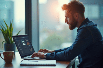 Homme au bureau inspectant un VPN sur son ordinateur