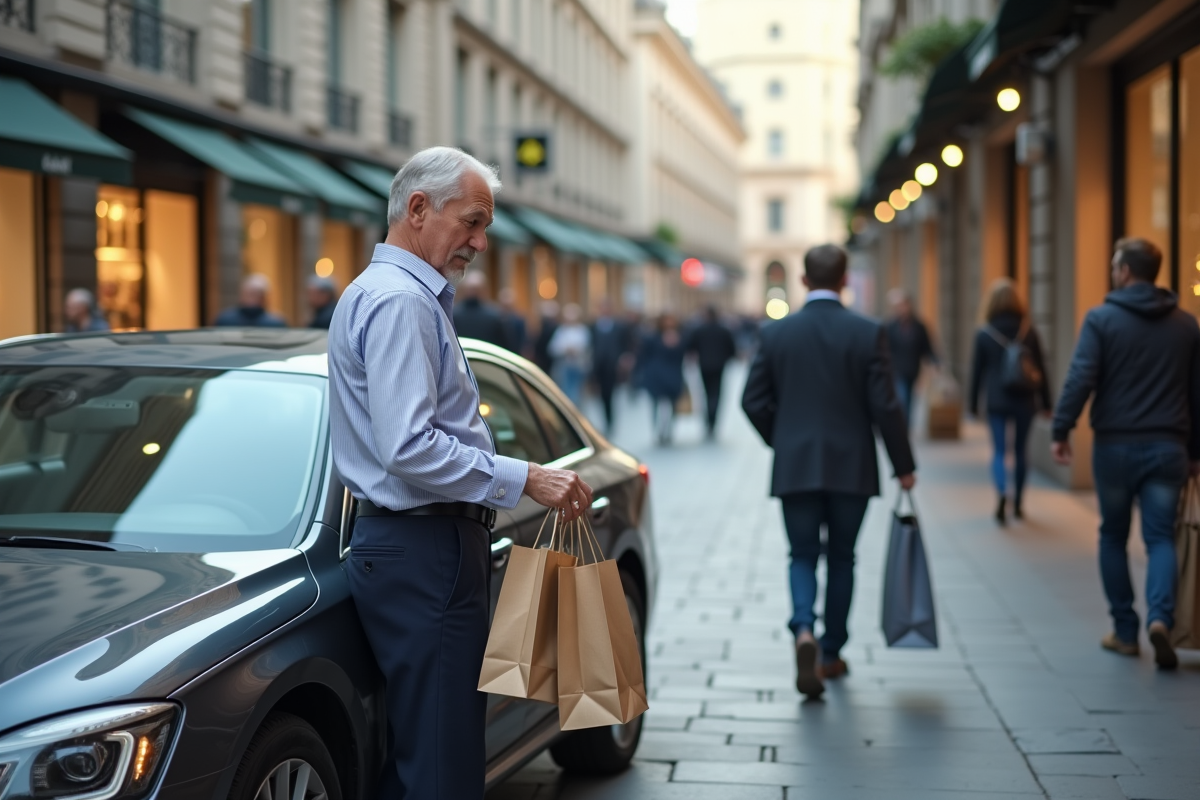 Homme d age verrouillant sa voiture en centre ville