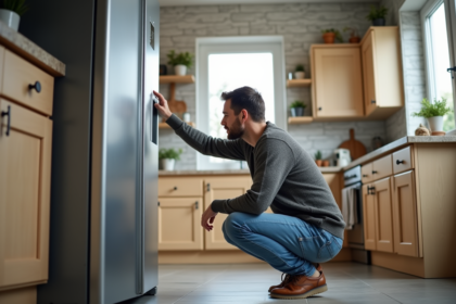 Homme vérifiant la consommation électrique dans une cuisine lumineuse
