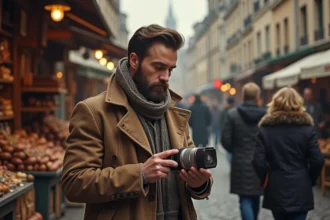 Homme barbu en veste vintage dans un marché de SaintÉtienne