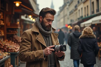 Homme barbu en veste vintage dans un marché de SaintÉtienne