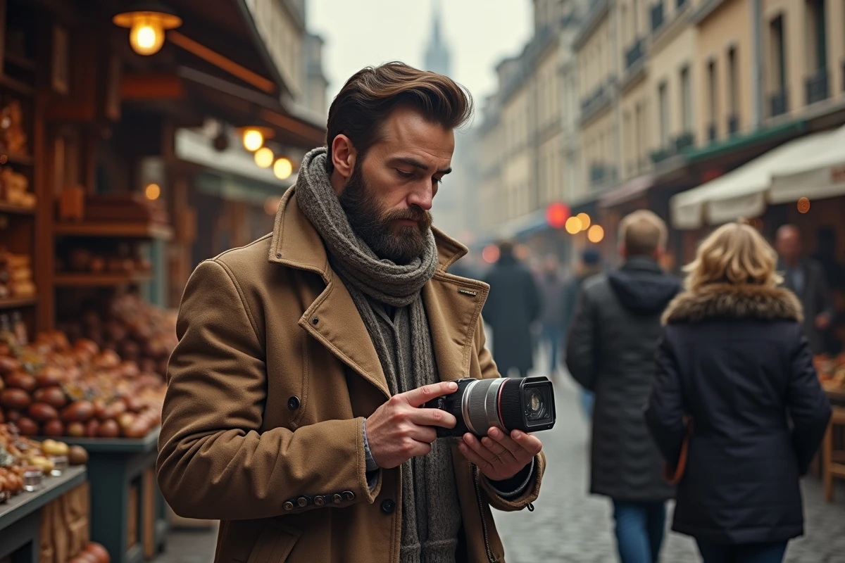 Homme barbu en veste vintage dans un marché de SaintÉtienne