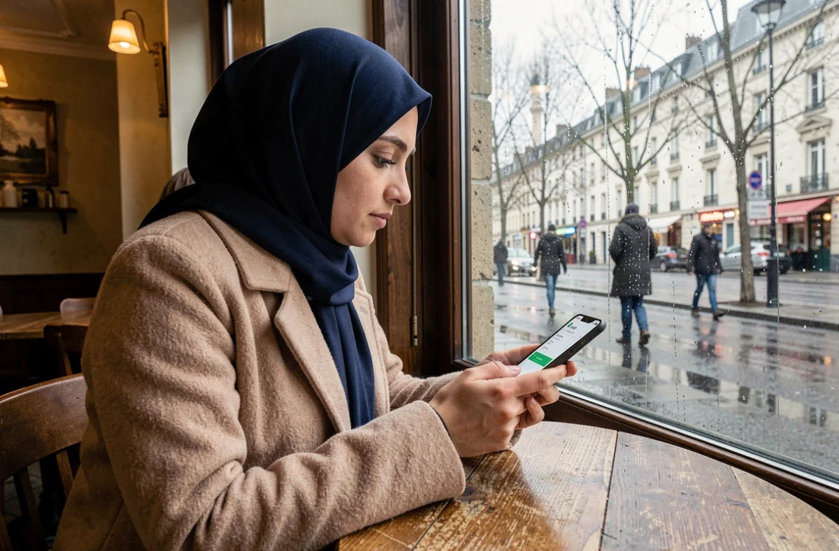Jeune femme musulmane consultant les heures de prière sur smartphone dans un café de Reims en hiver