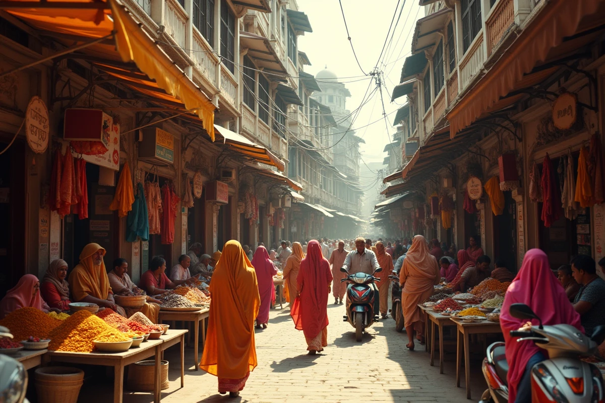 Marché de rue bondé en Inde avec des vendeurs en tenues colorées et une foule dense illustrant la densité de population record du pays