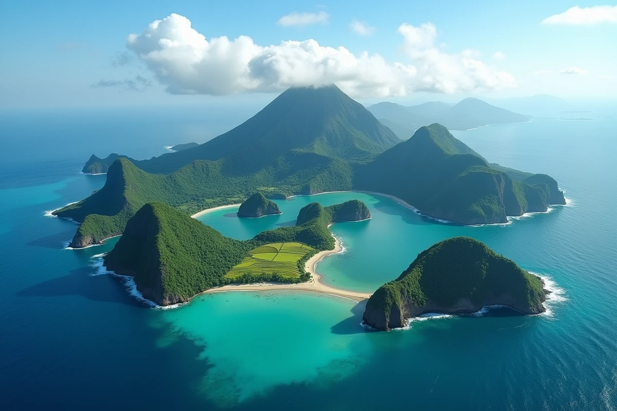 Vue aérienne de l'archipel indonésien avec des îles volcaniques verdoyantes entourées d'un océan turquoise et de rizières en terrasses