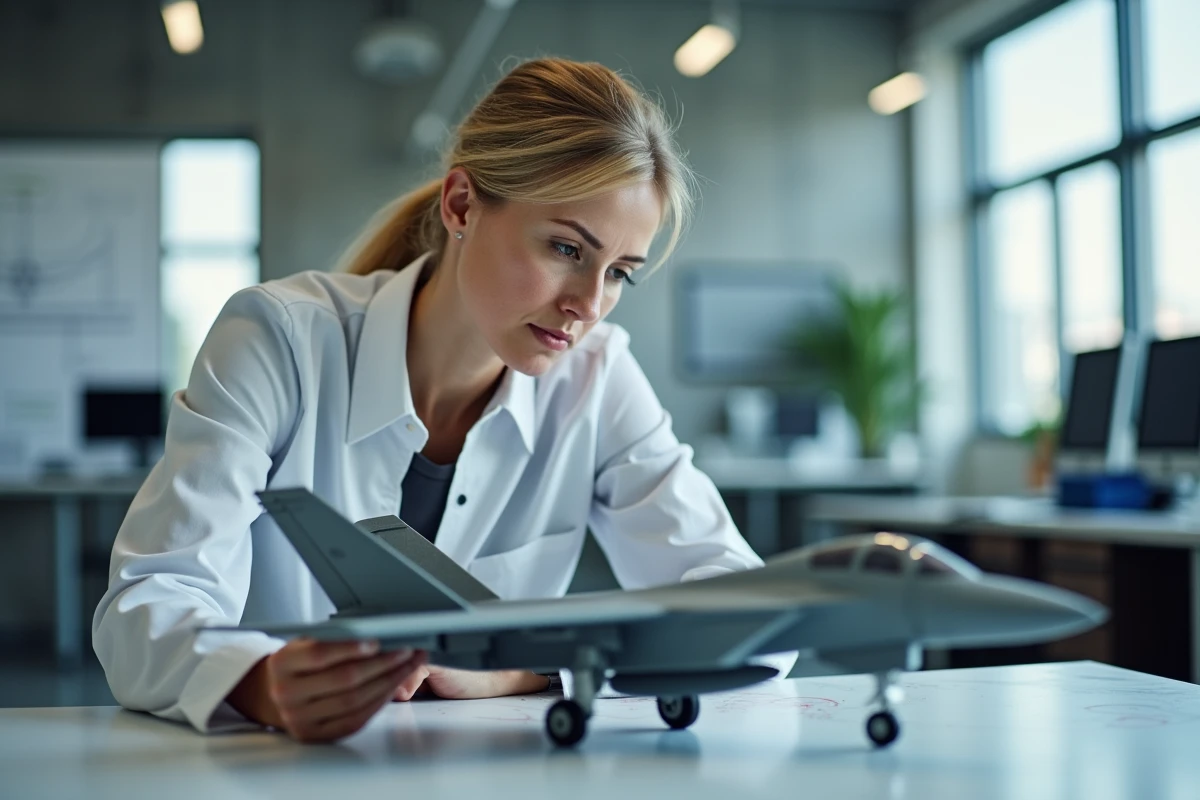 Ingénieure examinant un modèle réduit de jet dans un laboratoire
