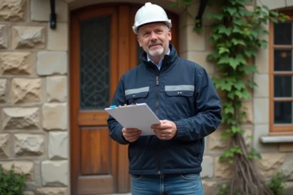 Inspecteur en bâtiment devant façade en pierre ancienne