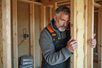 Homme moyenâge en hiver posant des panneaux d'isolation