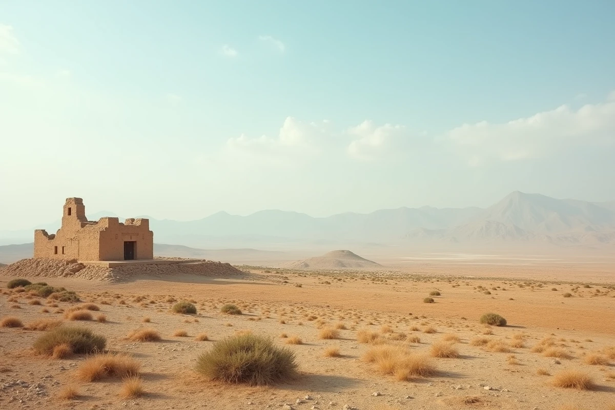 Plateau iranien semi-aride avec un ancien caravansérail en briques de terre et des chaînes de montagnes à l'horizon illustrant la position stratégique de l'Iran