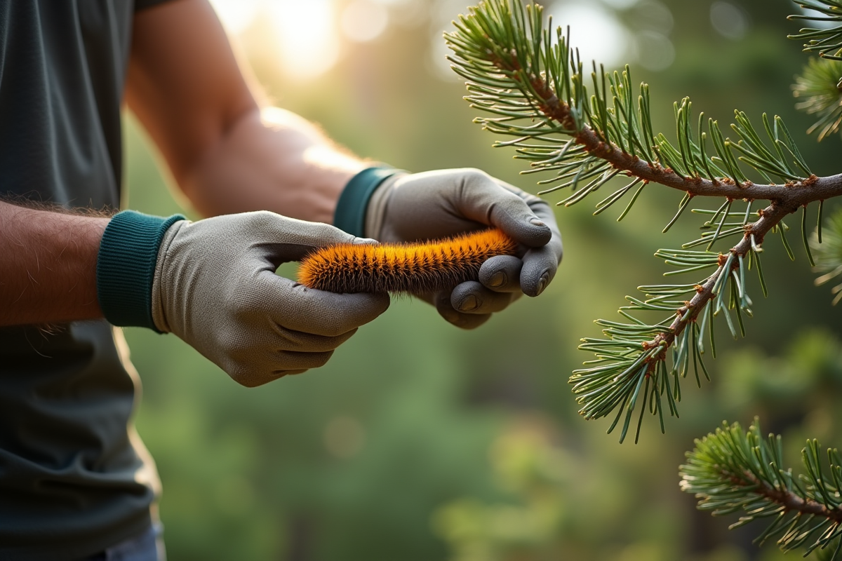 Jardinier installant une trap processionnaire sur pin