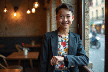 Jeune adulte en blazer floral ajustant sa montre près d une fenêtre de café