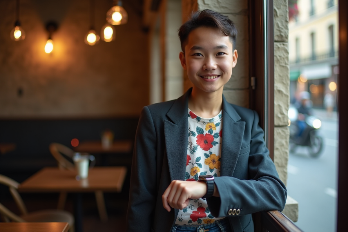 Jeune adulte en blazer floral ajustant sa montre près d une fenêtre de café