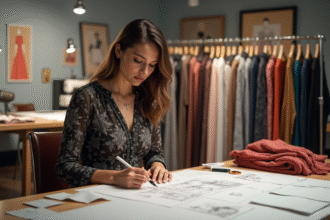 Jeune femme stylée esquissant dans un studio de mode