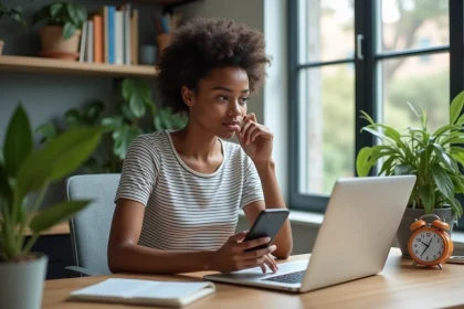 Jeune étudiante regardant son ordinateur dans un appartement lumineux