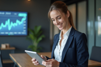 Jeune femme professionnelle souriante utilisant une tablette dans un espace de coworking moderne